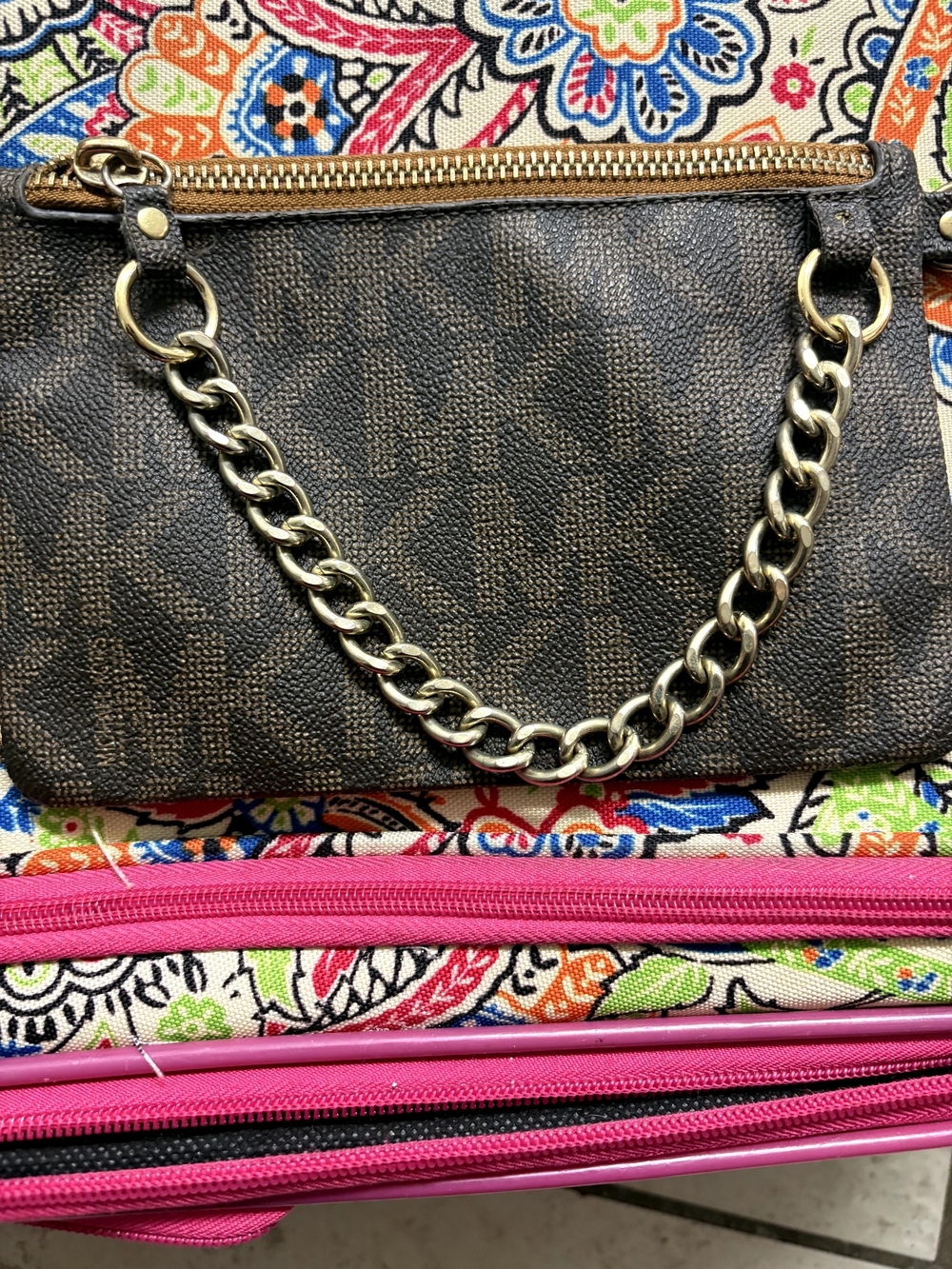 MK Brown Monogram Wristlet with Gold Chain